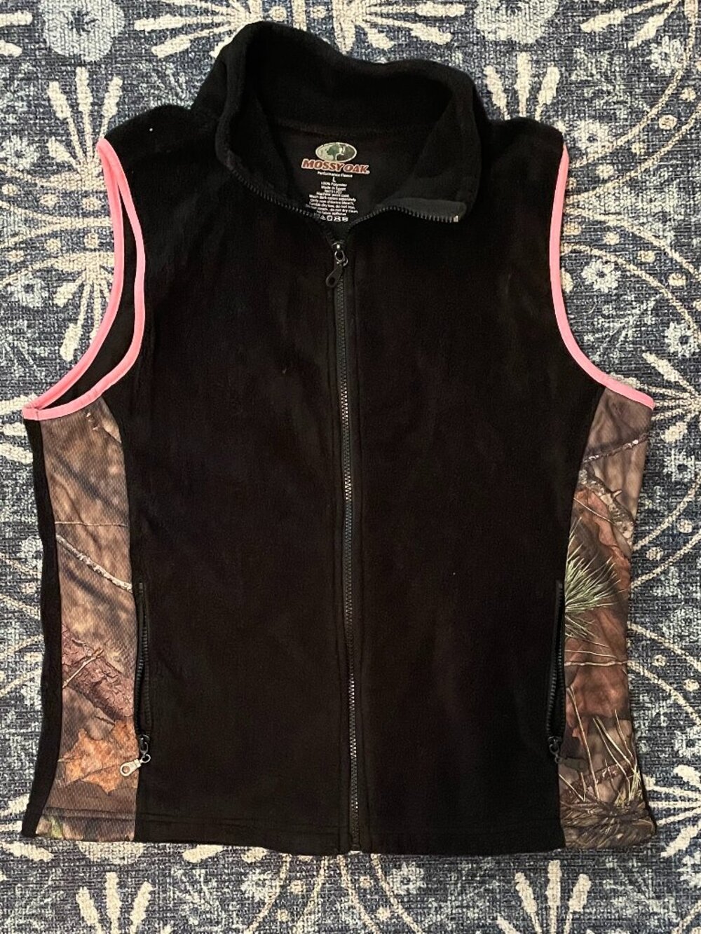 Black Fleece Zipper Vest L Mossy Oak Camouflage Panels & Pink Trim